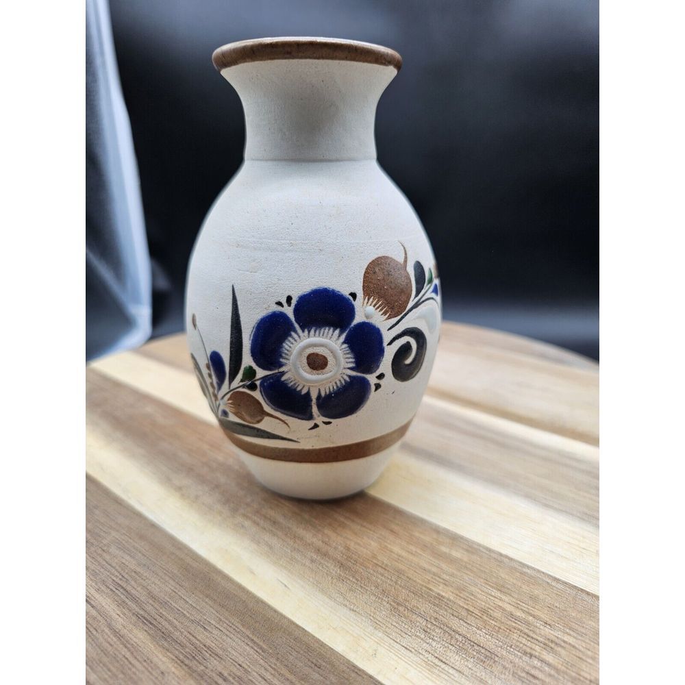 Vintage Tonala Hand Painted Floral Bud Vase Mexican Folk Art Pottery